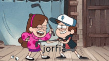 a cartoon of a boy and a girl with the word jorfia on the bottom right