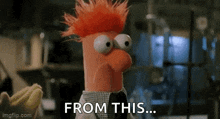 a stuffed animal with red hair and big eyes is standing in a lab and says `` from this ... '' .