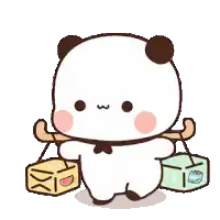 a cartoon panda bear is carrying boxes and a wooden stick .