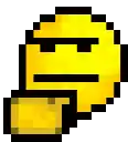 a pixel art illustration of a yellow smiley face with a serious look on its face .