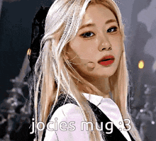 a close up of a woman 's face with the words jocie 's mug written on the bottom