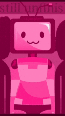 a pink robot is standing in front of a purple background with the word still visible