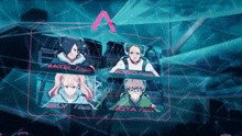 four anime characters are displayed on a screen with the letters atr and jota on it