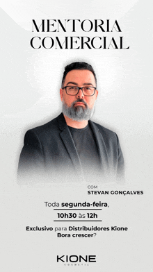 a man with glasses and a beard is featured on a poster for kione cosmetic