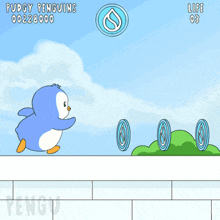 a video game called puddy penguins has a penguin jumping in the air