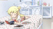 a girl is laying on a bed reading a book called a certain scientific railgun