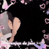 a person is holding a knife in their mouth surrounded by hearts and butterflies .