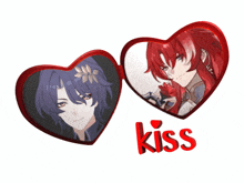 a couple of hearts with the word kiss underneath