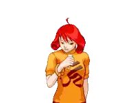 a pixel art drawing of a girl with red hair wearing an orange shirt with the number 32 on it ..