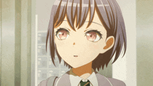 a close up of a girl with short hair and pink eyes