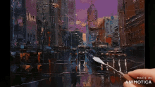 a painting of a city is being made in animatica