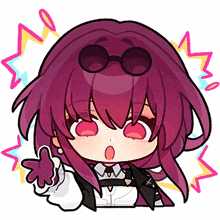 a cartoon drawing of a girl with long purple hair and sunglasses
