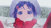 a drawing of a girl with blue hair wearing a scarf and a hat