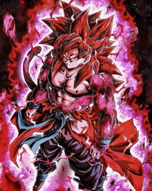 a drawing of a dragon ball z character with red hair and a blue belt .