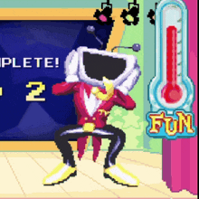 a cartoon character is sitting in front of a sign that says complete 2