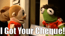 two stuffed animals are standing next to each other with the words i got your cheque