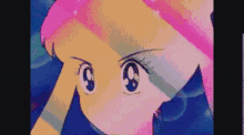 a close up of a girl 's face in a cartoon with a rainbow background .