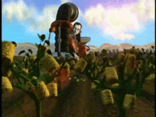 a cartoon of a man and woman standing in a corn field