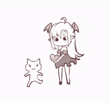 a drawing of a girl holding a heart next to a small cat
