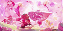 a group of cookie run characters are standing next to each other in a pink background .