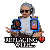 a man wearing a wig and sunglasses is holding a broken heart and the words replacing with written on the bottom