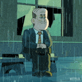 a cartoon of a man sitting on a bench in the rain with a netflix logo behind him