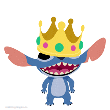 an illustration of stitch wearing a crown with polka dots