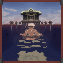 a pixel art of a person meditating in front of a temple