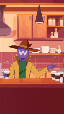 a cartoon character with a w on his head is sitting at a counter
