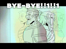 a cartoon drawing of a man and a woman with the words bye-bye !!! in white letters