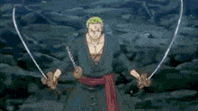 a man with green hair is holding a sword in his hand .