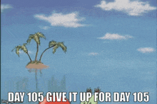 a cartoon of a crab holding a bell with the words day 105 give it up for day 105