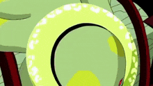 a close up of a cartoon snake 's tail with a red eye