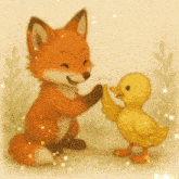 a fox giving a duck a high five with a chinese symbol above it