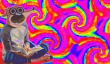 a cartoon character is reading a book with a colorful background