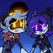 a pixel art drawing of a skeleton and a girl