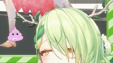a close up of a green haired anime character with a purple poop behind her