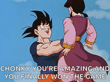 a cartoon of a man and a woman with the words chunky you 're amazing and you finally won the game