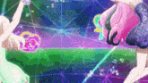 a girl with pink hair is dancing in front of a colorful background