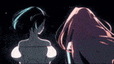 two anime girls are standing on a stage looking at fireworks