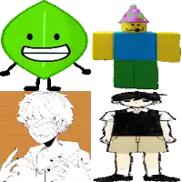 a leaf , roblox character , a boy and a girl