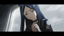 a girl with long black hair and a collar with the letter f on the sleeve