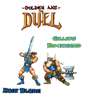a poster for golden axis the duel shows a man holding a sword and a man holding an axe