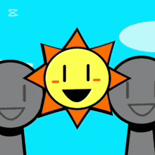 three stick figures are smiling in front of a smiling sun with a face on it
