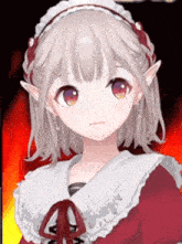 a girl with white hair and red eyes is wearing a red dress and a white collar
