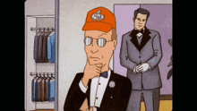 a cartoon of a man in a tuxedo wearing a red hat