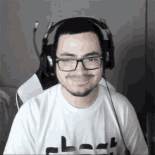 a man wearing glasses and headphones with a shirt that says ghost on it