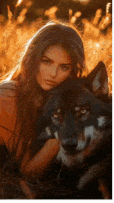 a woman is laying in the grass with a wolf on her lap