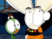 two cartoon characters are standing in front of a sign that says yummy