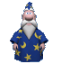 a cartoon wizard is wearing a blue robe with stars on it and a hat .